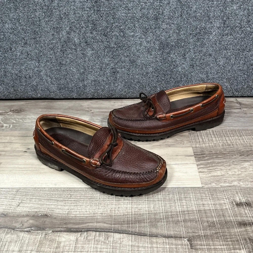 L.L. Bean Allagash Mens 10 D Bison Leather Boat Shoes Slip-On Mock Toe 273080